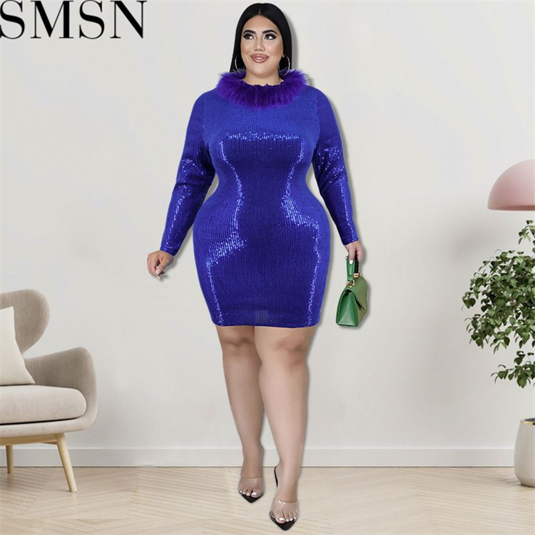 Plus Size Dress large size fall fur collar Velvet Bottom embroidered sequined dress