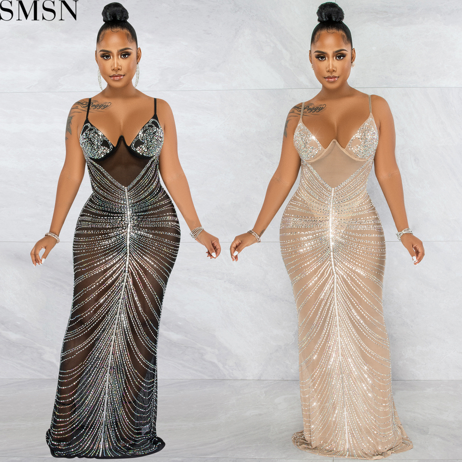Plus Size Dress new hot rhinestone sexy spaghetti straps chest wrap mesh see-through maxi dress