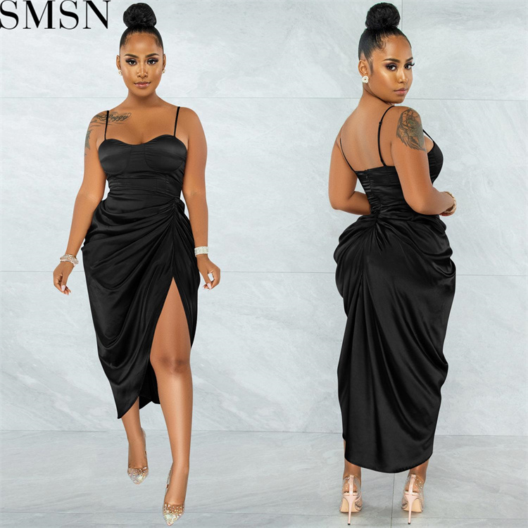Evening Dresses 2022 Fashion solid color women sexy spaghetti straps chest wrap crimp split dress