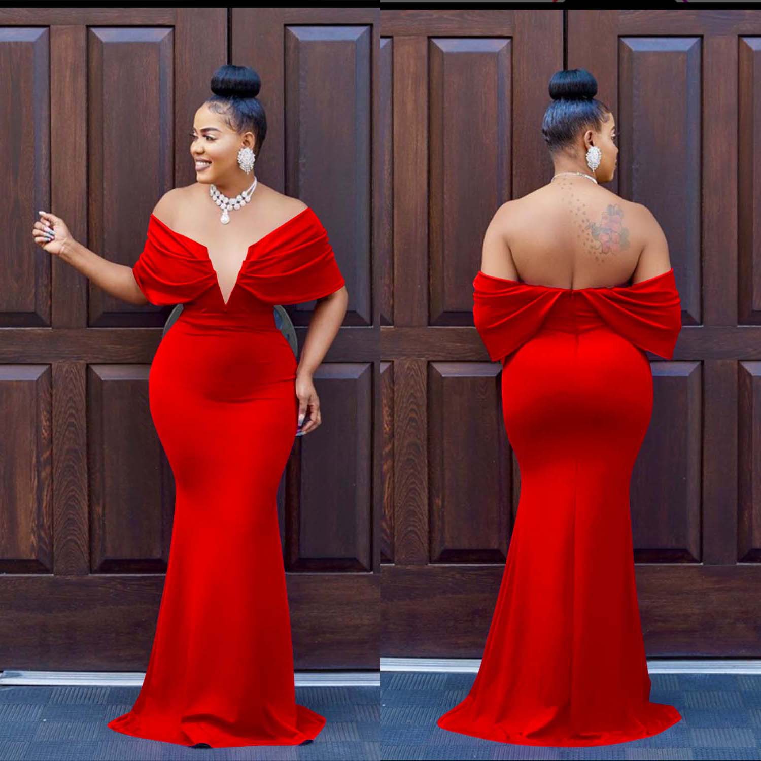 Solid Off Shoulder Deep V Open Back Fishtail Dress