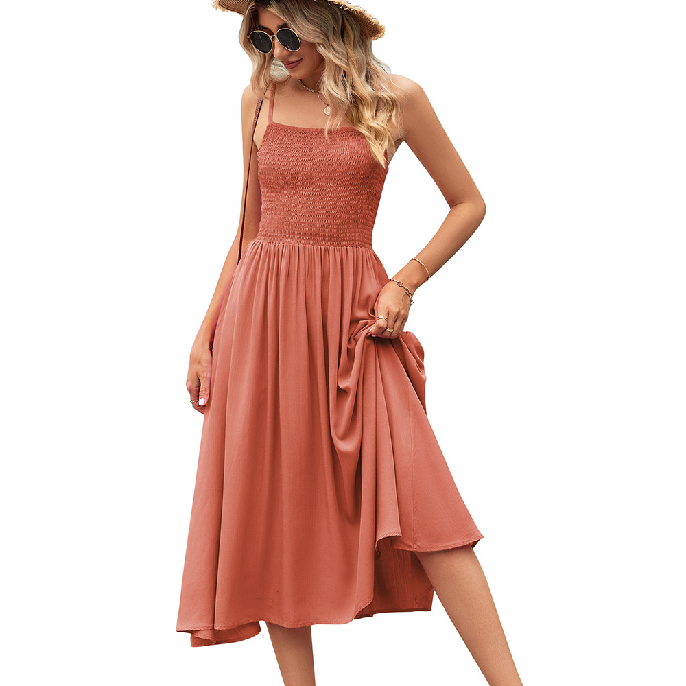 Women'S Sleeveless Pleated Solid Color Suspender Dress
