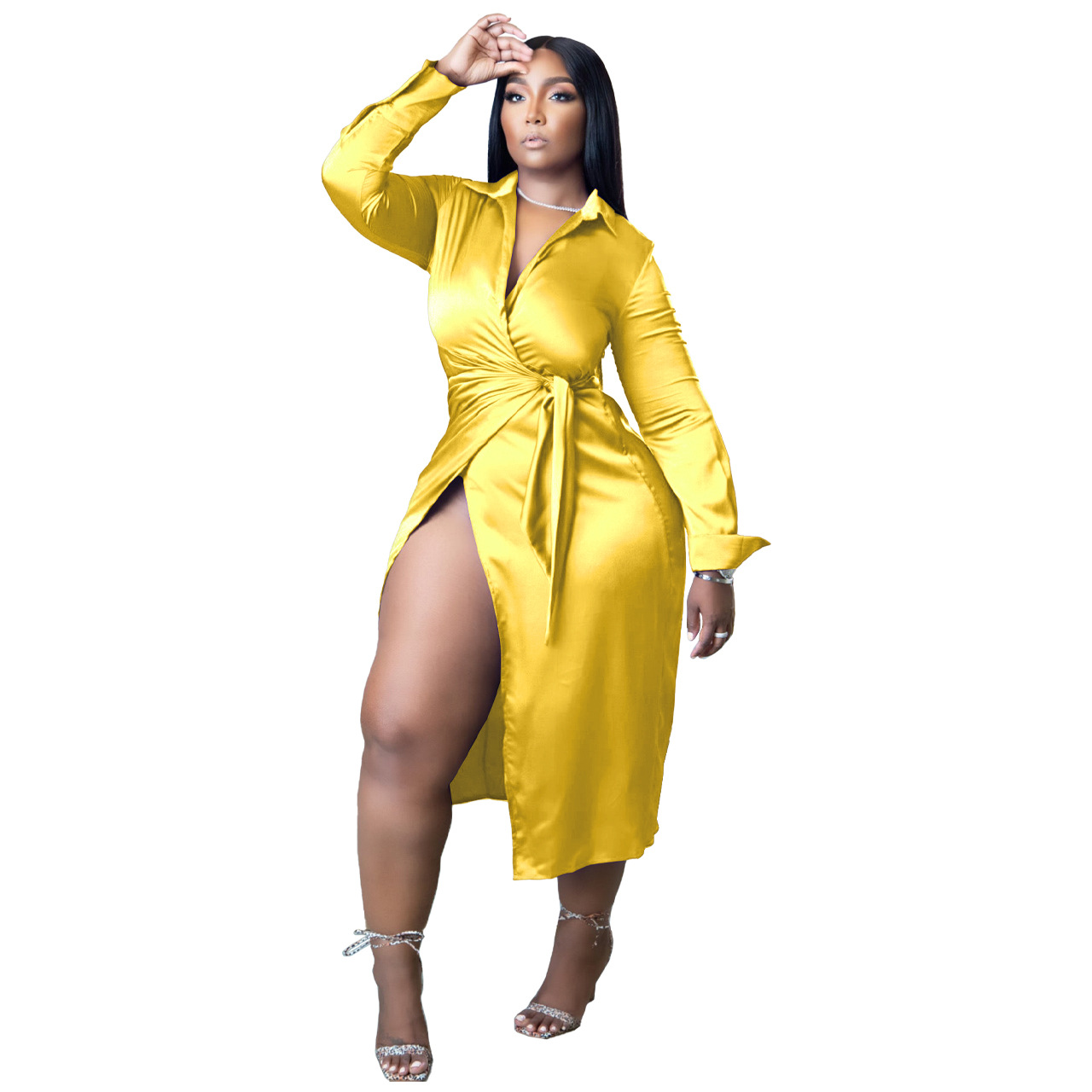 Plus Size Dress Amazon new autumn and winter blouse collar stretch satin wrap dress