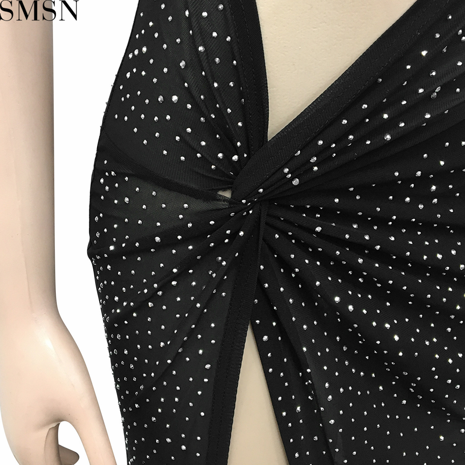 Plus Size Dress new fashion style nightclub mesh hot drilling sexy hollow-out camisole split maxi dress