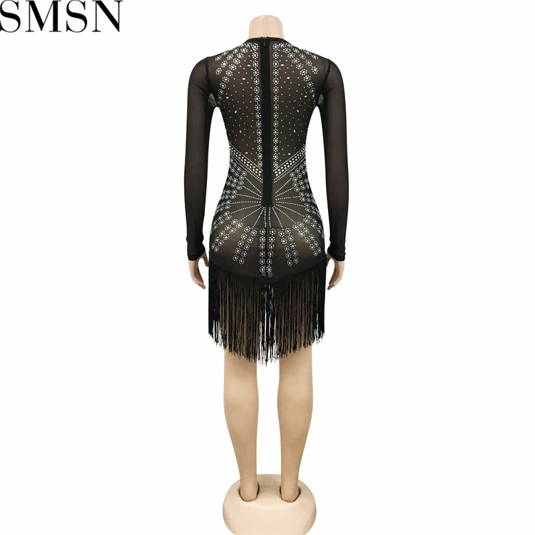 Casual Dress fashion nightclub hot drilling mesh see through silk long sleeve short dress