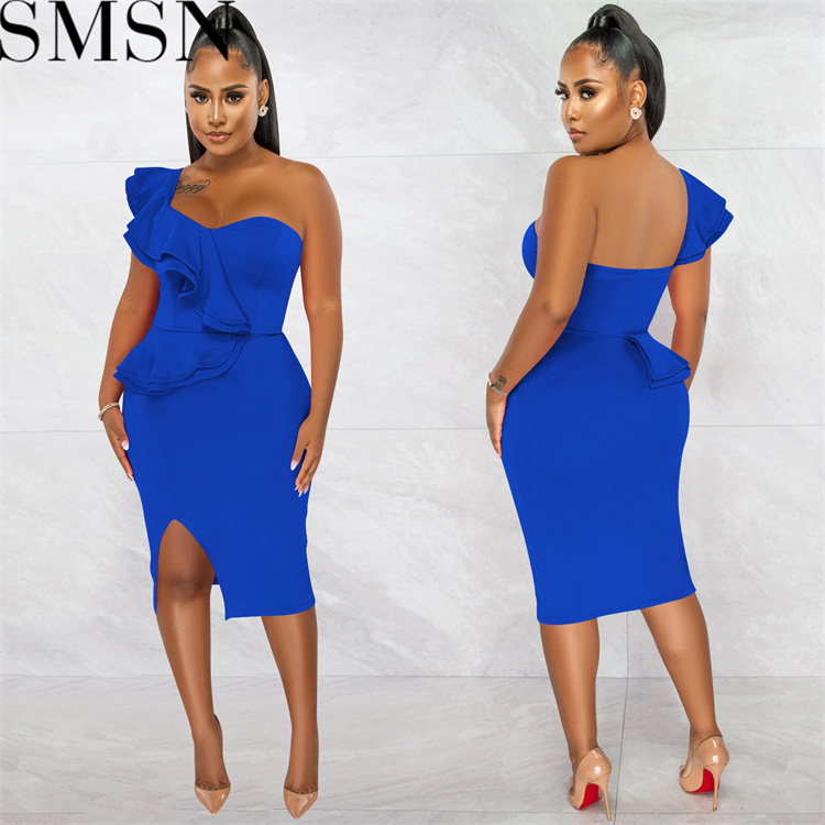 Plus Size DressFashion casual ruffled split one shoulder sleeve dress