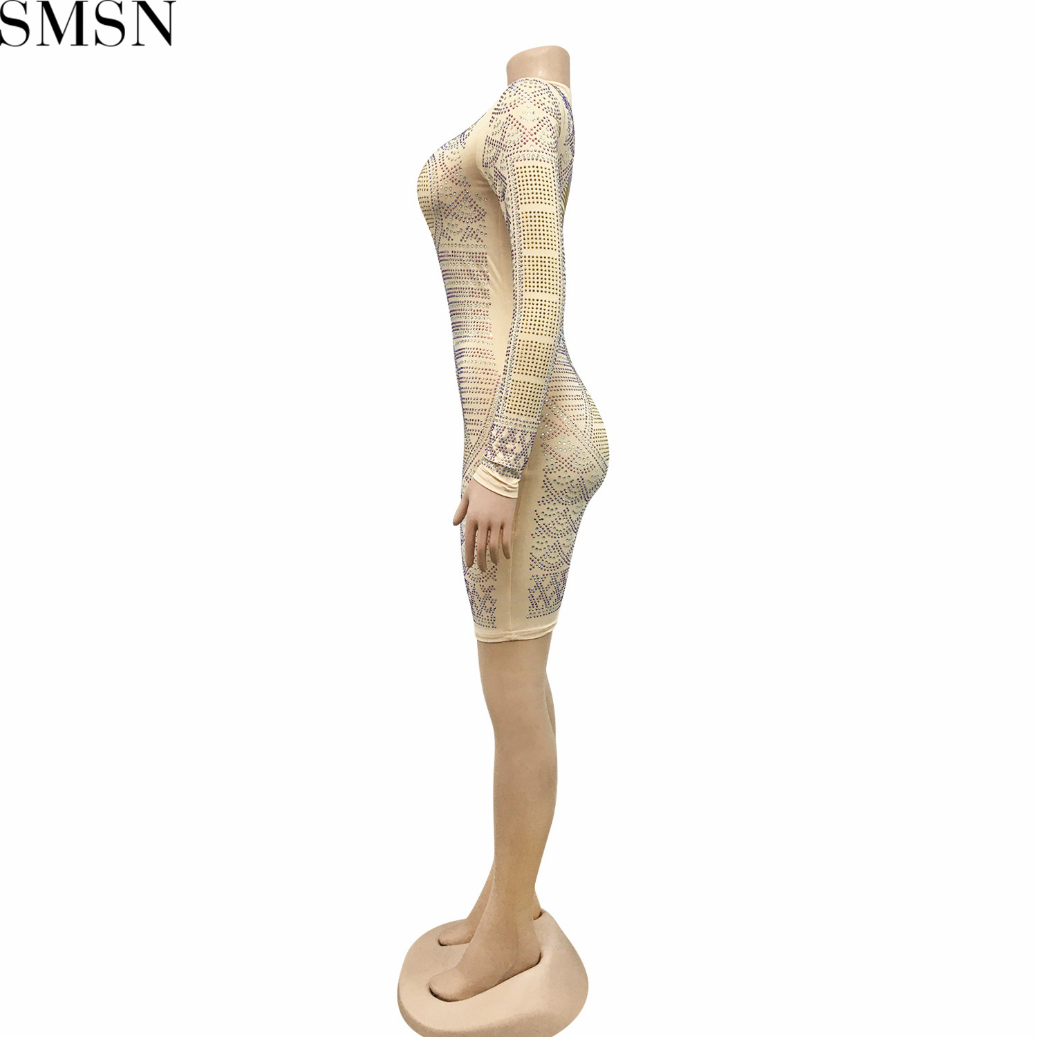 Fashion women dress new sexy nightclub milk fiber rhinestone colorful crystals long sleeve dress