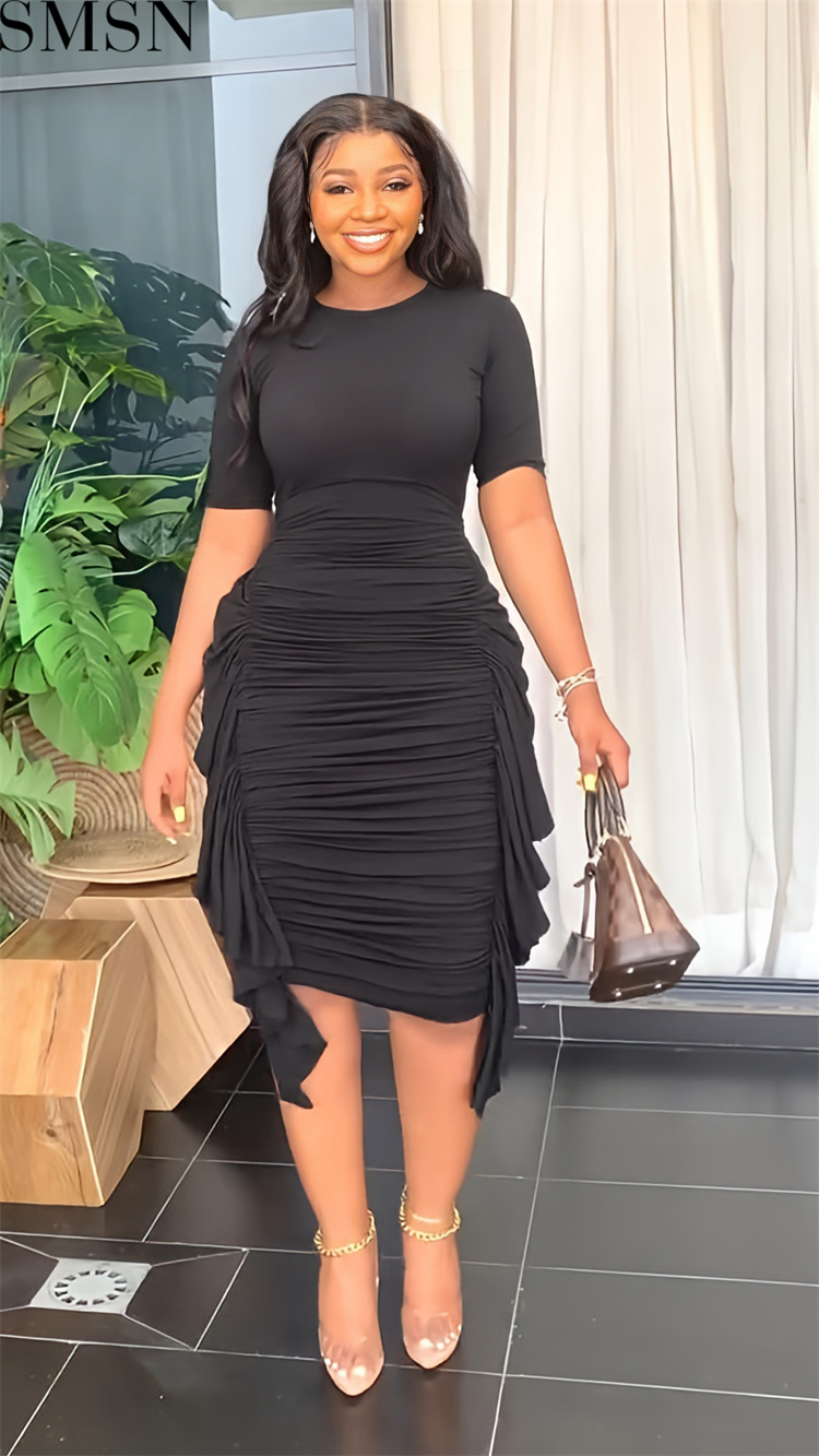 Plus Size Dress European and American AliExpress irregular ruffled slim pleated dress