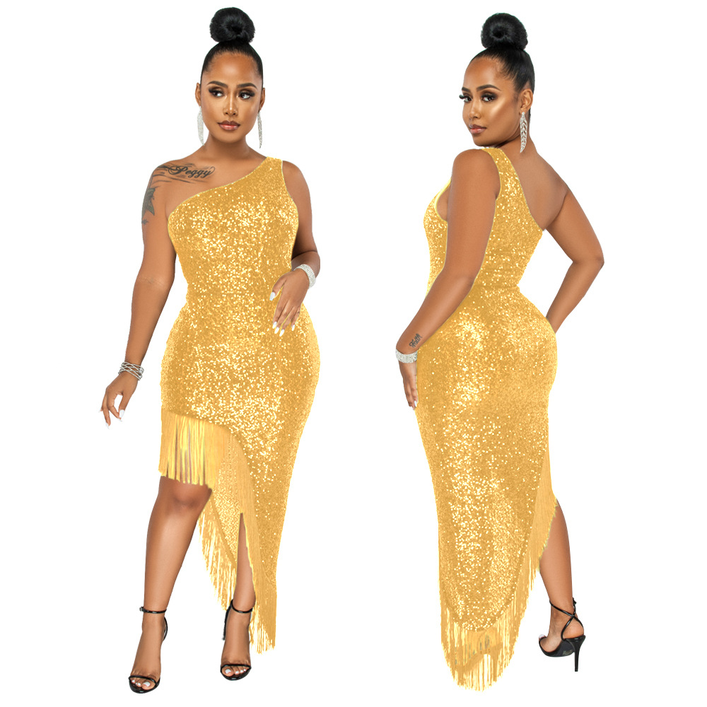 Plus size dress Amazon women fringe skirt dress irregular slit skirt