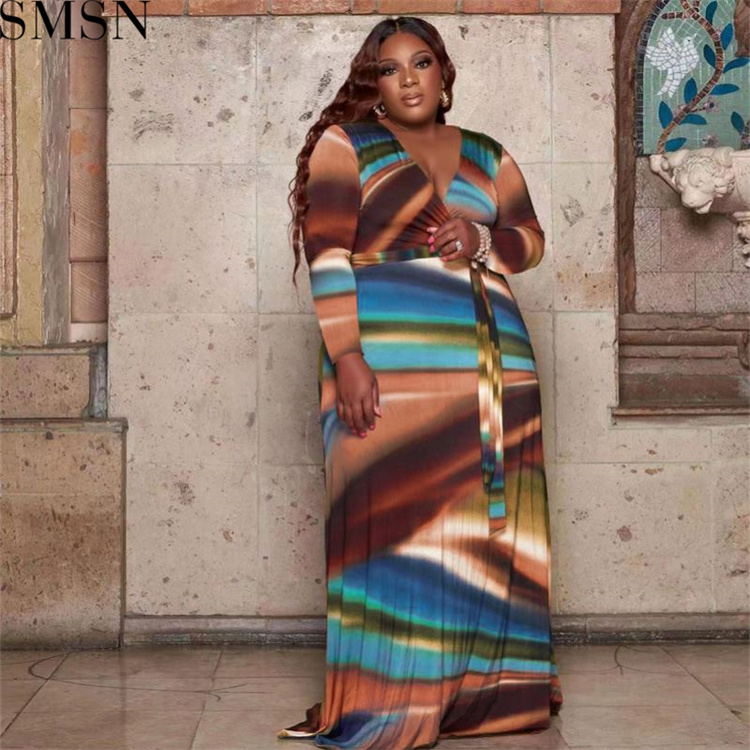 Plus Size Dress Amazon abstract printing with belt deep V neck fashion tight large size dress
