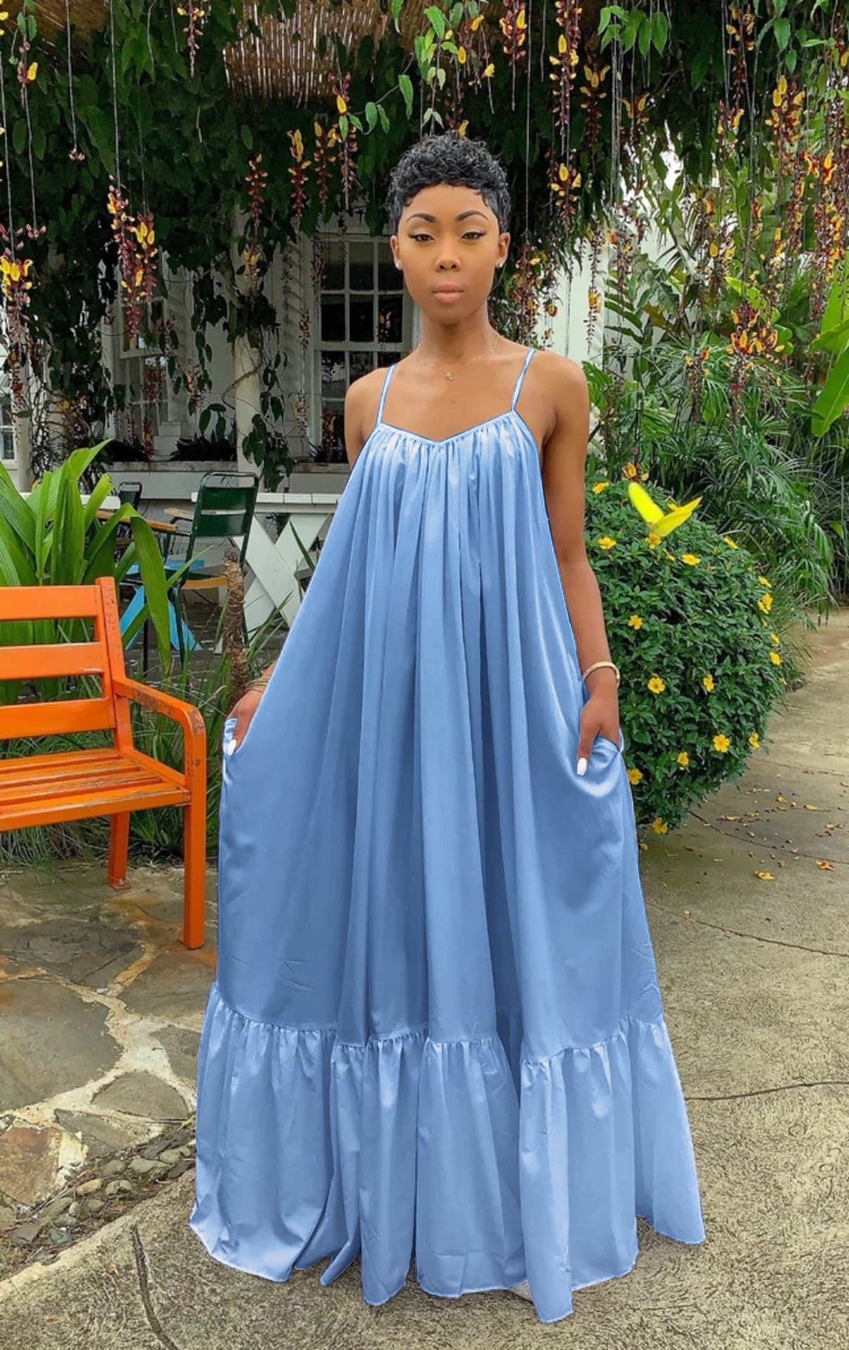 Sexy Slingless Sleeveless Solid Color Long Swing Dress