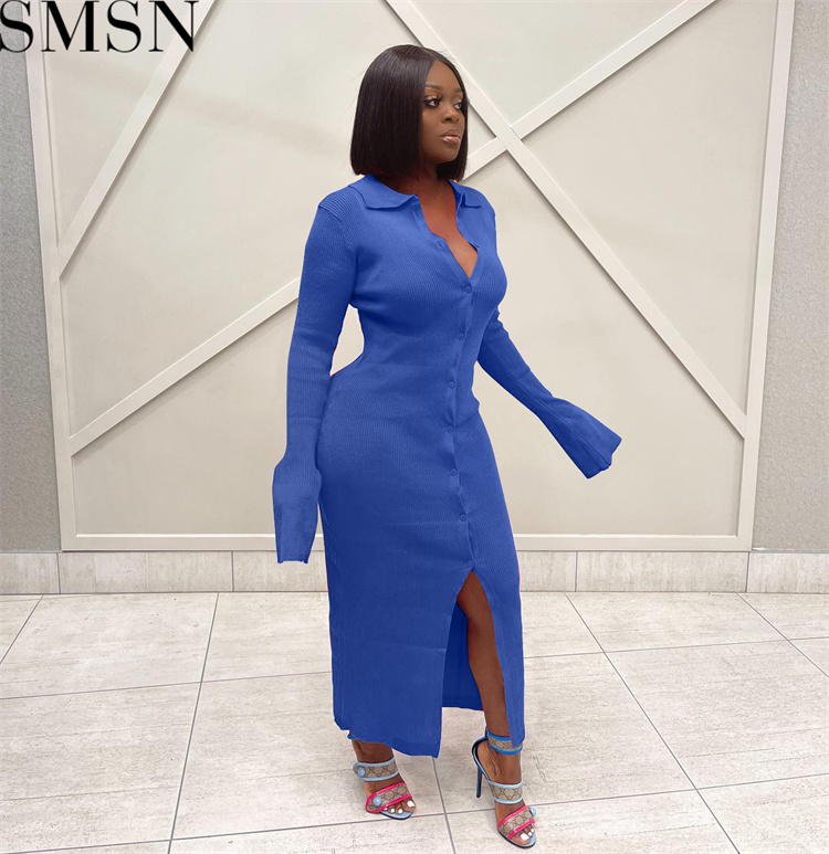 Fashion women dress Amazon long sleeve V neck long button bell sleeve dress sweater