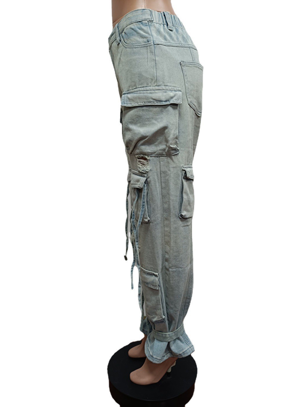 Fashion denim retro casual three-dimensional pocket pants
