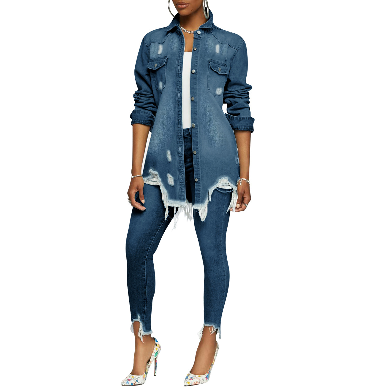 Fashion torn denim two-piece set