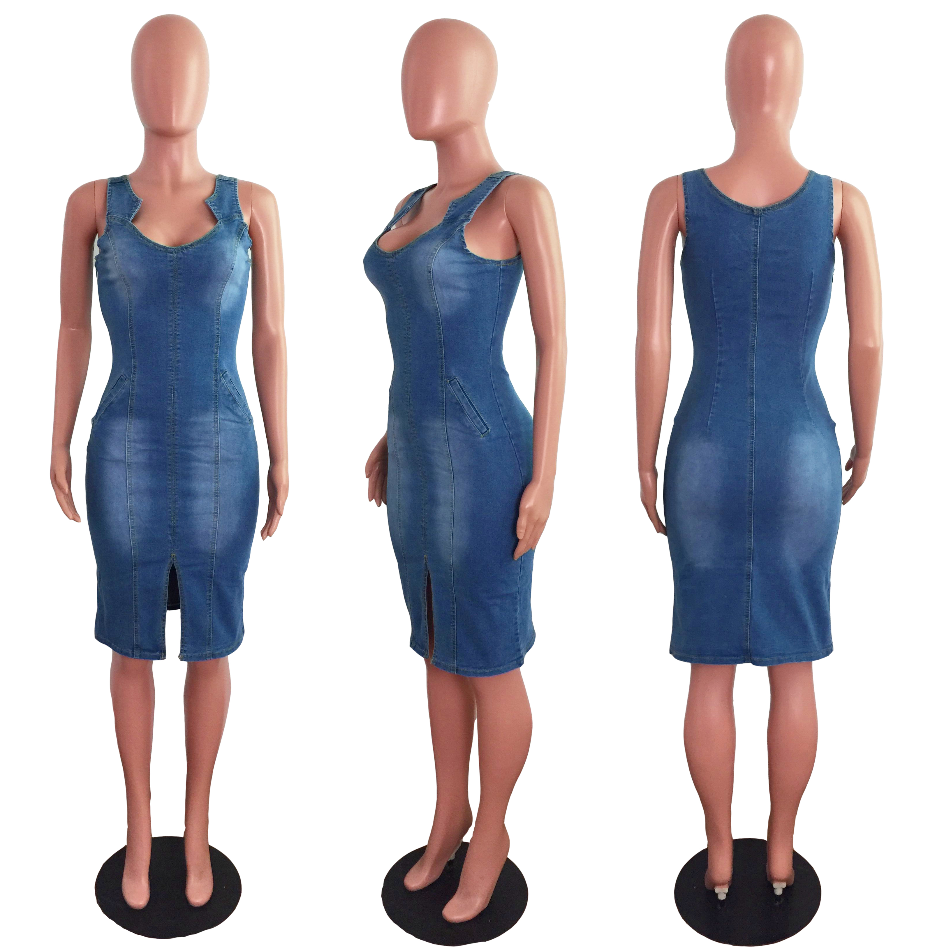 Sexy elastic zipper denim hip dress