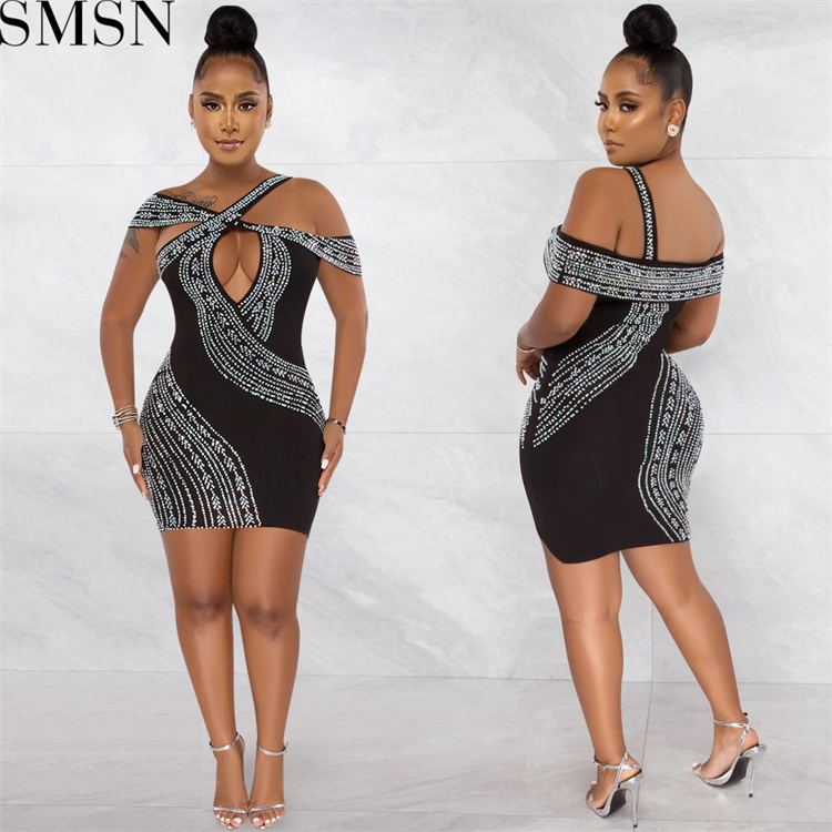 Prom Dresses 2022 fashion sexy nightclub hot rhinestone hollow midi dress