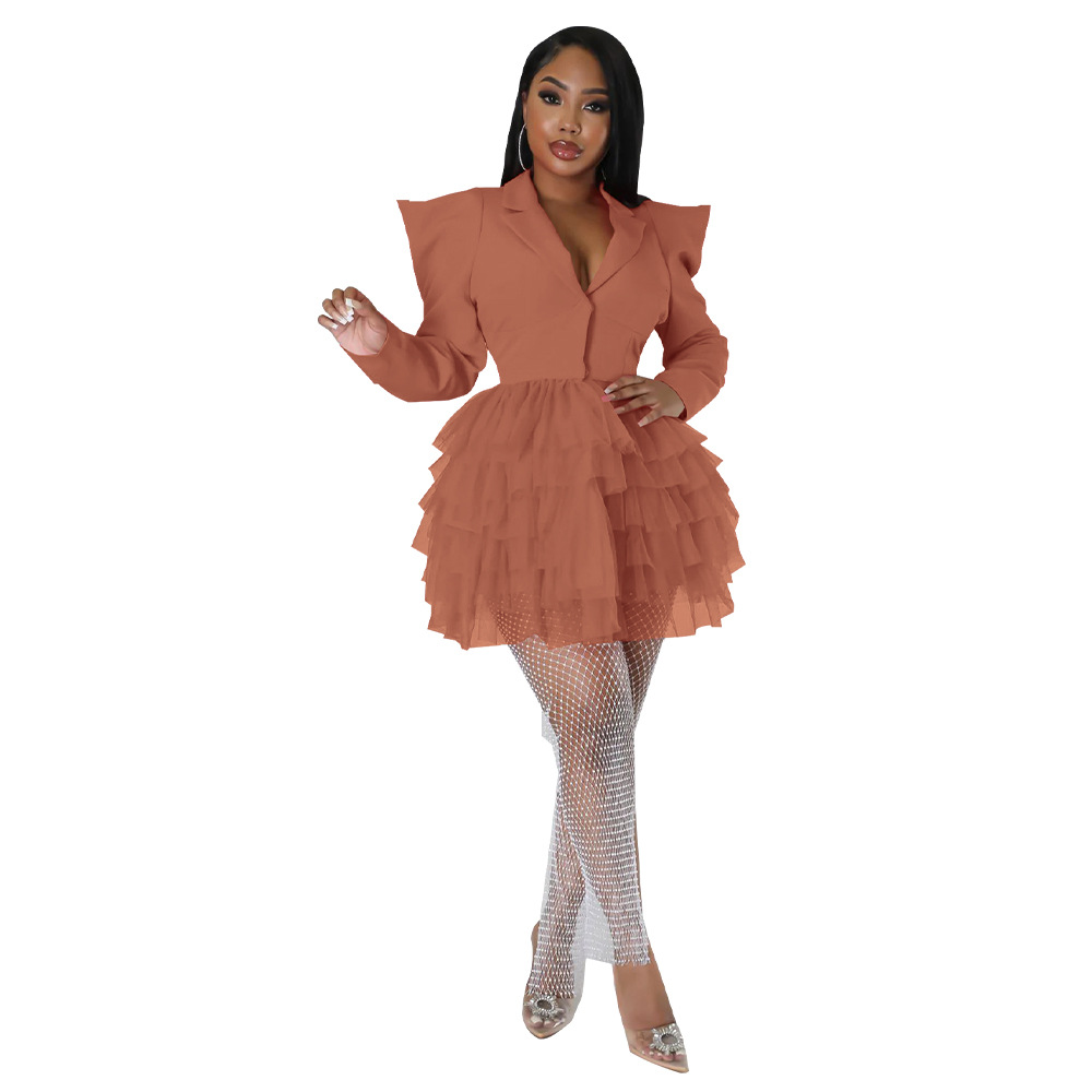 Plus Size Dress autumn best selling mesh v neck patchwork right angle shoulder dress