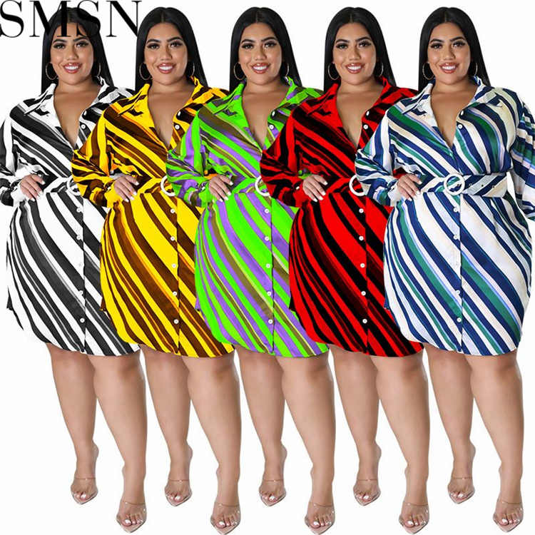 Plus Size Dress Wholesale Supply Autumn Long Sleeve Diagonal Striped Shirt Women Dress