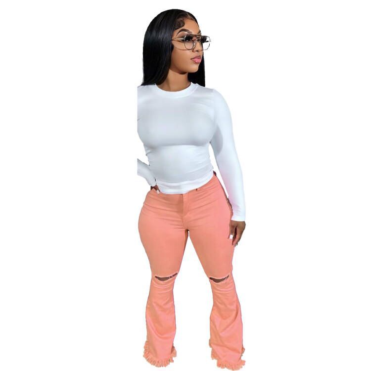 High Waist Perforated Pants Flare Jeans