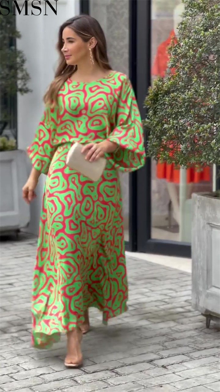 Casual Dress summer New loose plus size print long sleeved top high waist long dress