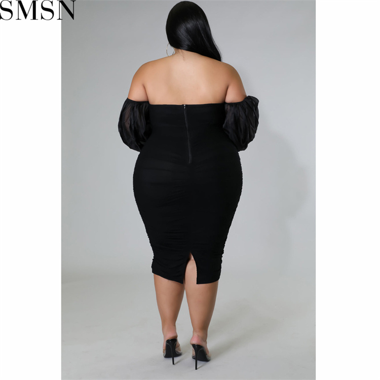 Plus Size Dress autumn new large size women dress skinny mesh pleated long sleeve one step dress