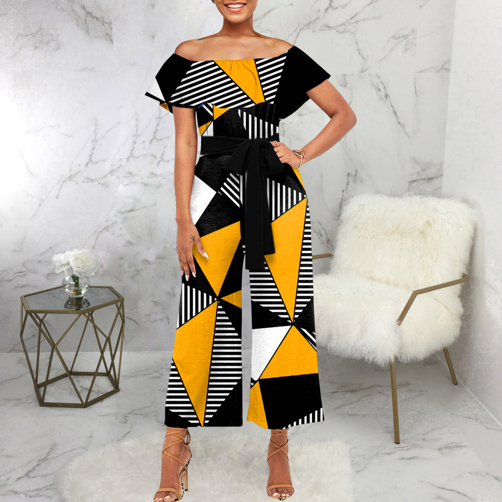 Sexy and fashionable one-line collar bra printed jumpsuit