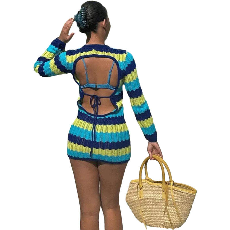 Sexy Backpack Hip Knit Contrast Color Beach Dress