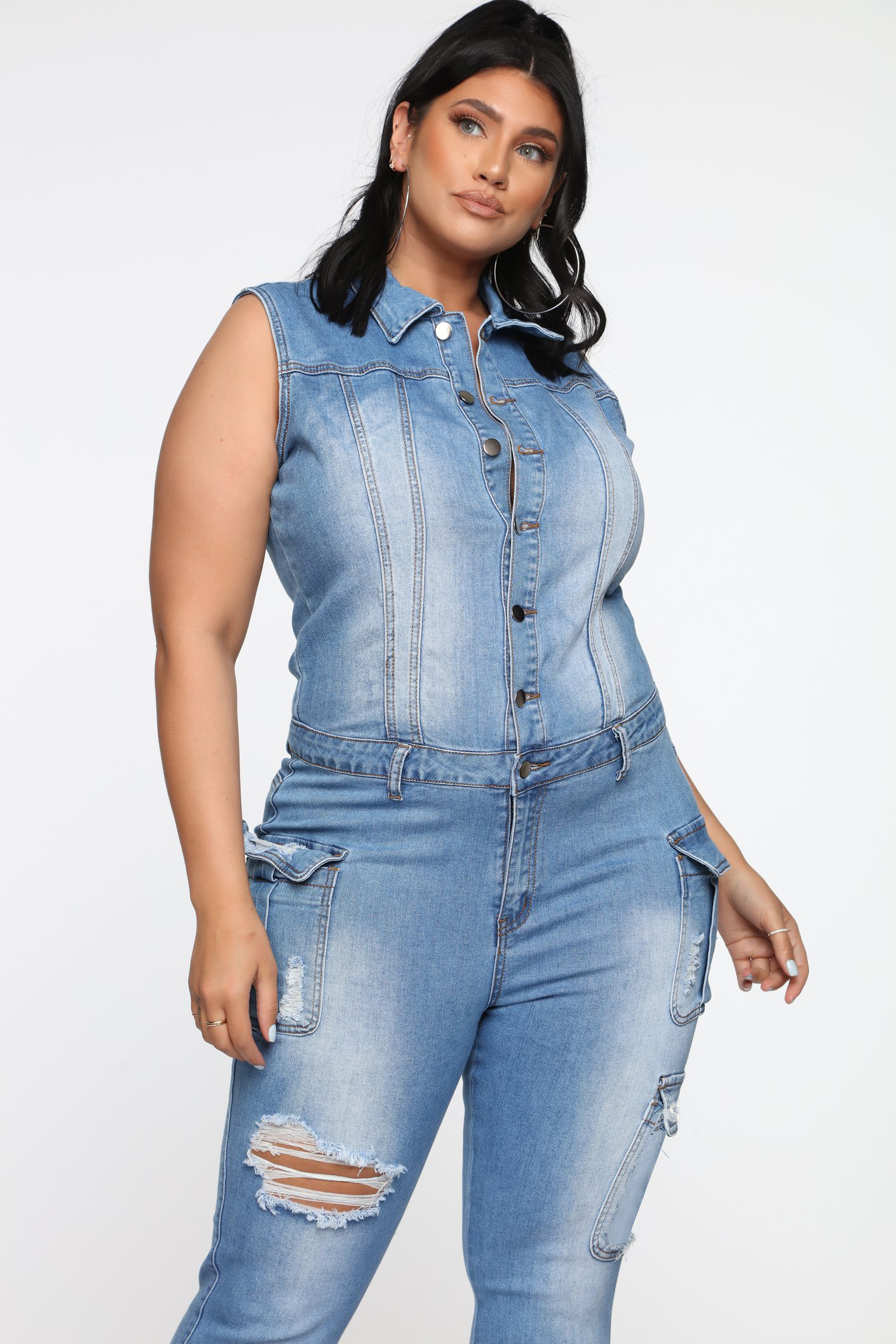 Casual slim hole denim Jumpsuit