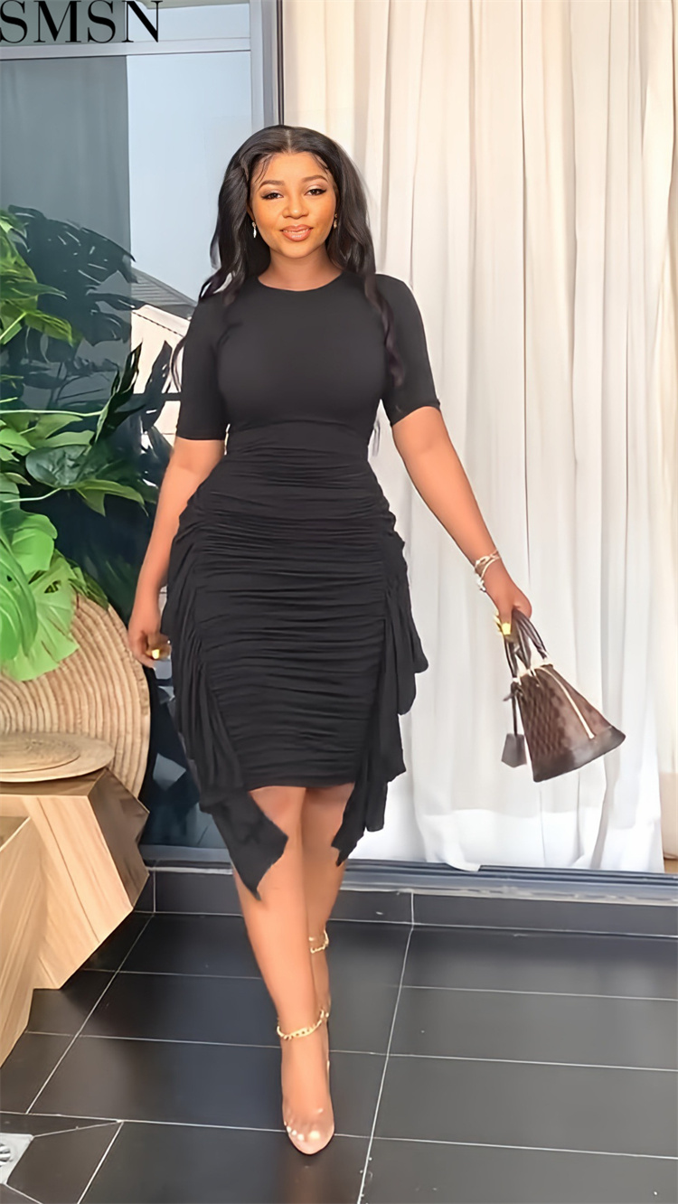 Plus Size Dress European and American AliExpress irregular ruffled slim pleated dress