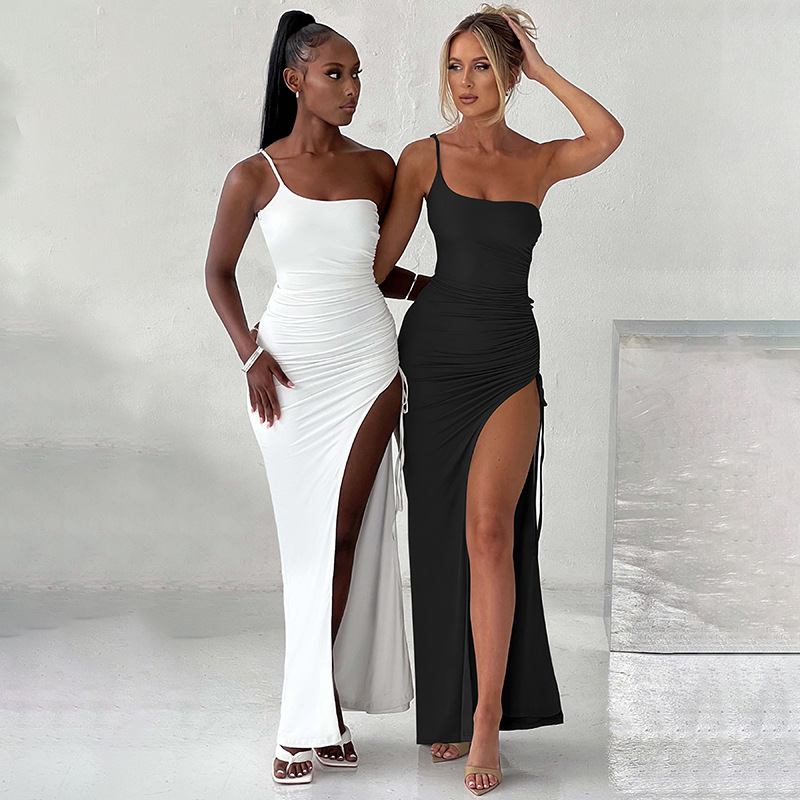 Single Strap Pleated Tight Backless Long Dress