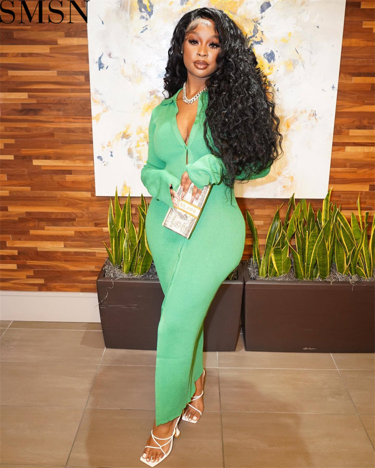 Fashion women dress Amazon long sleeve V neck long button bell sleeve dress sweater