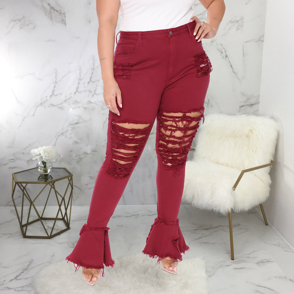 Fashion hole stitching micro flared pants