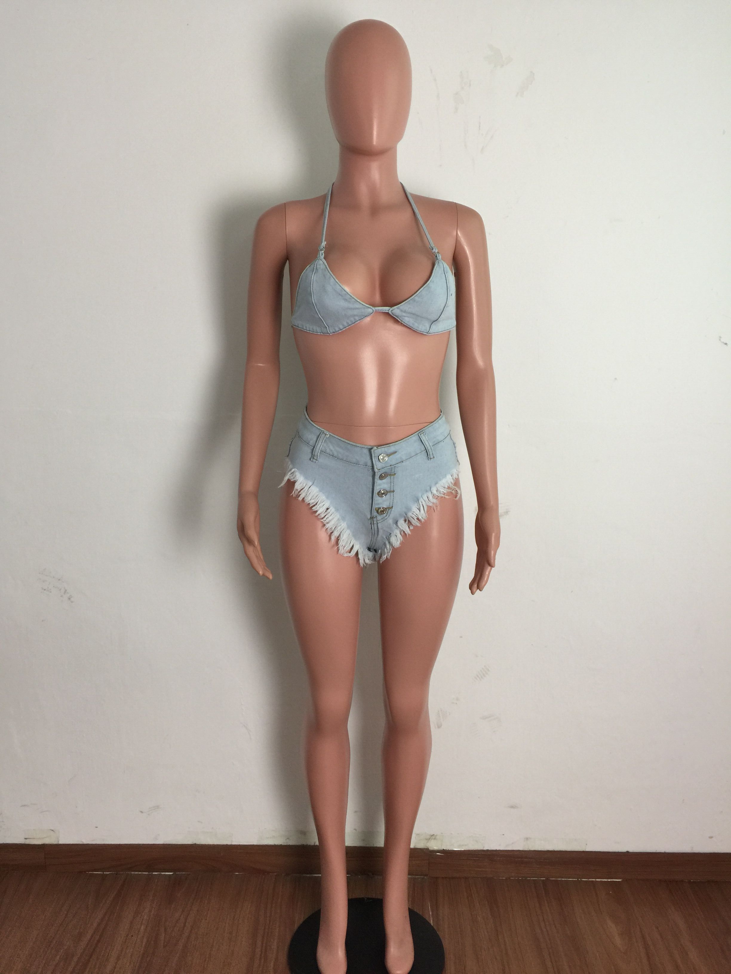 Bandage tassel sexy bikini denim suit
