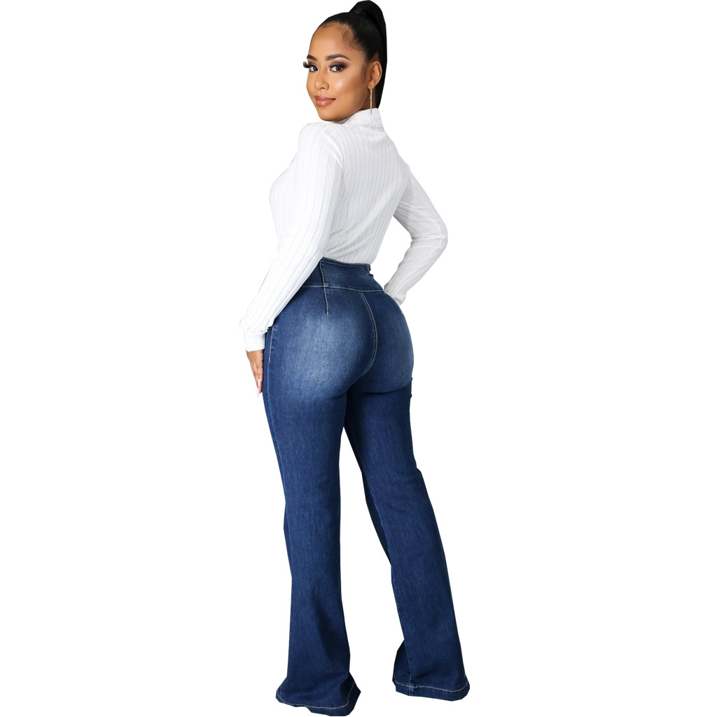 Patchwork washed denim elastic slim flare pants