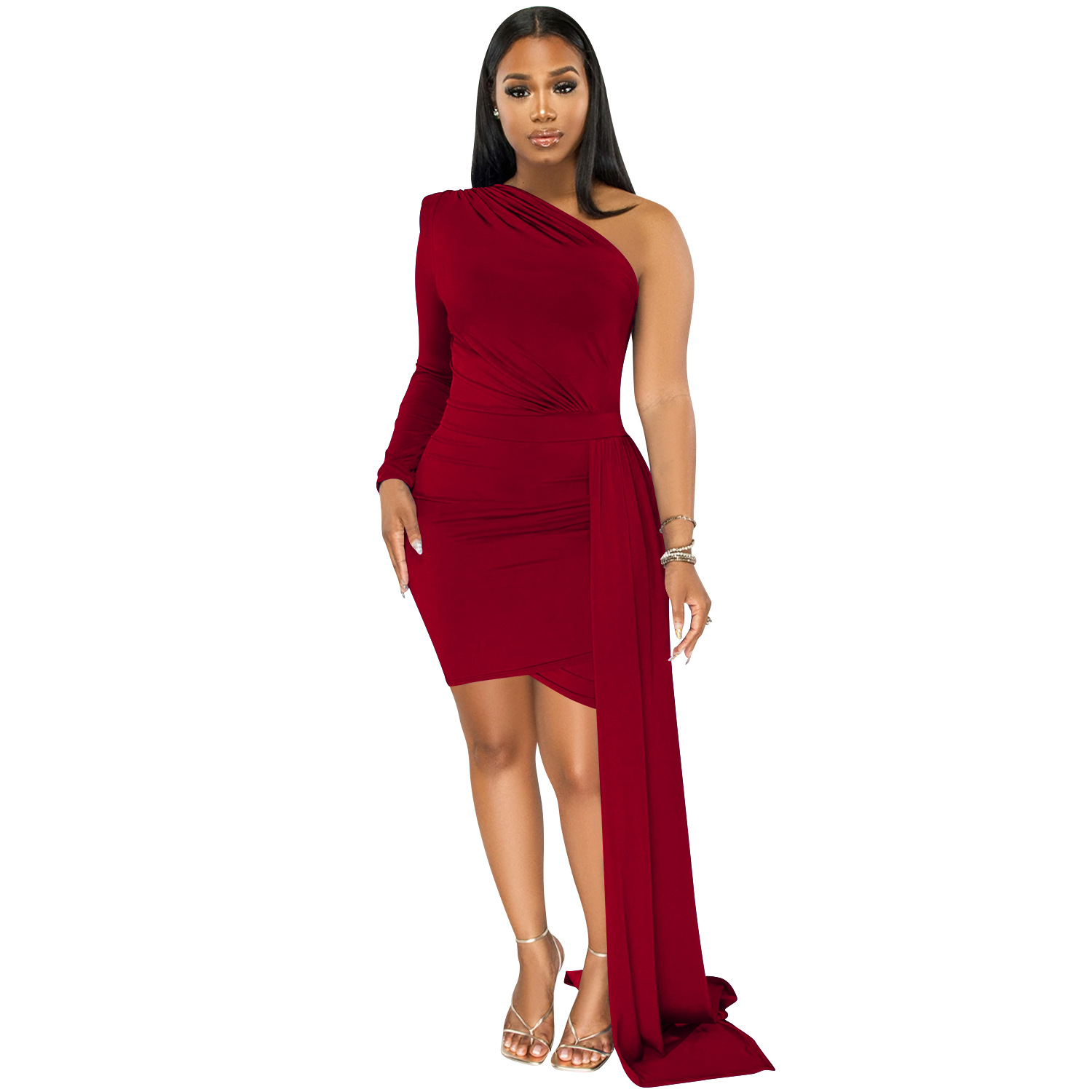 Plus Size Dress fashion solid color single sleeve casual diagonal collar dress women clothing