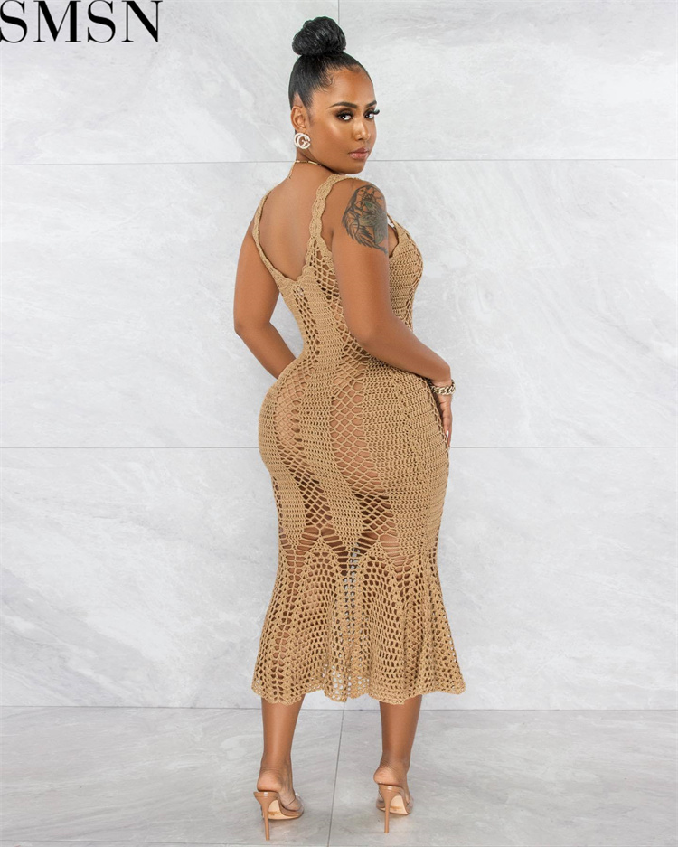 Fashion women dress Amazon Ins Style Sexy Cutout Strap Blouse Hand Crochet Knitted Dress