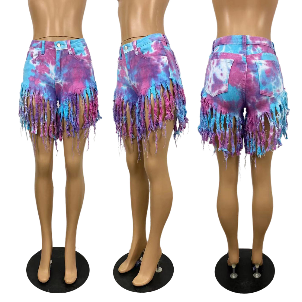 Tie dyed denim shorts with tassels