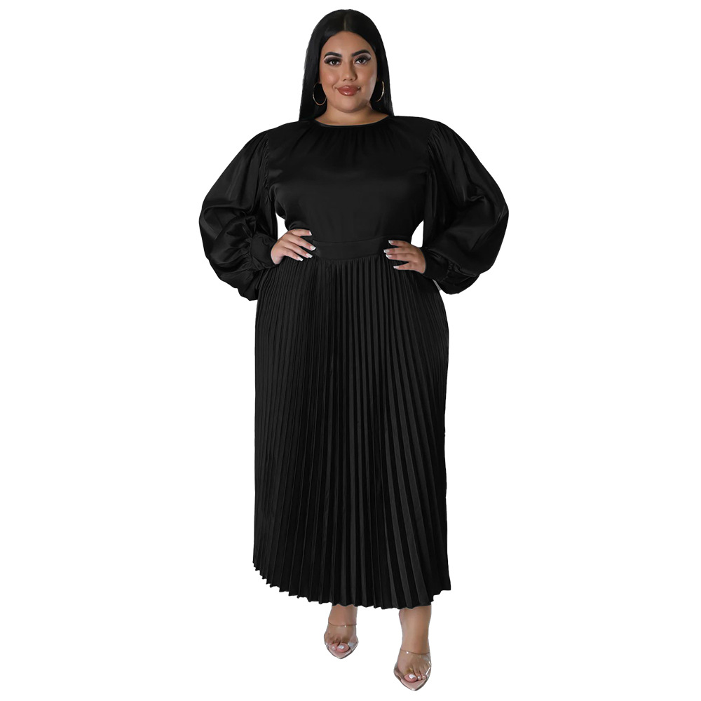 Plus Size Dress Amazon autumn and winter popular pleated round neck long dress long sleeve