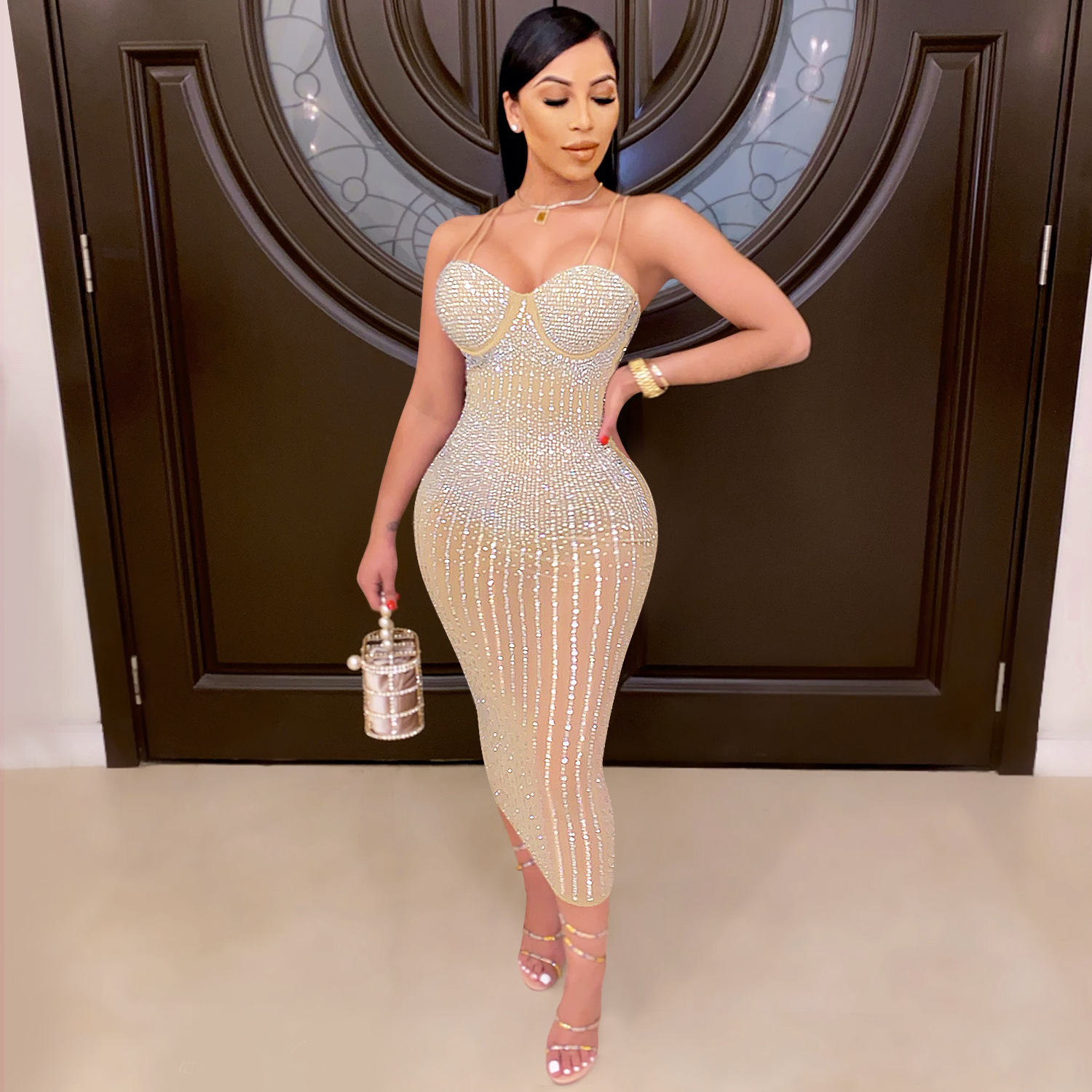 Fashion women's wear Party nightclub mesh see-through rhinestone Diamond strap dress plus size casual dress