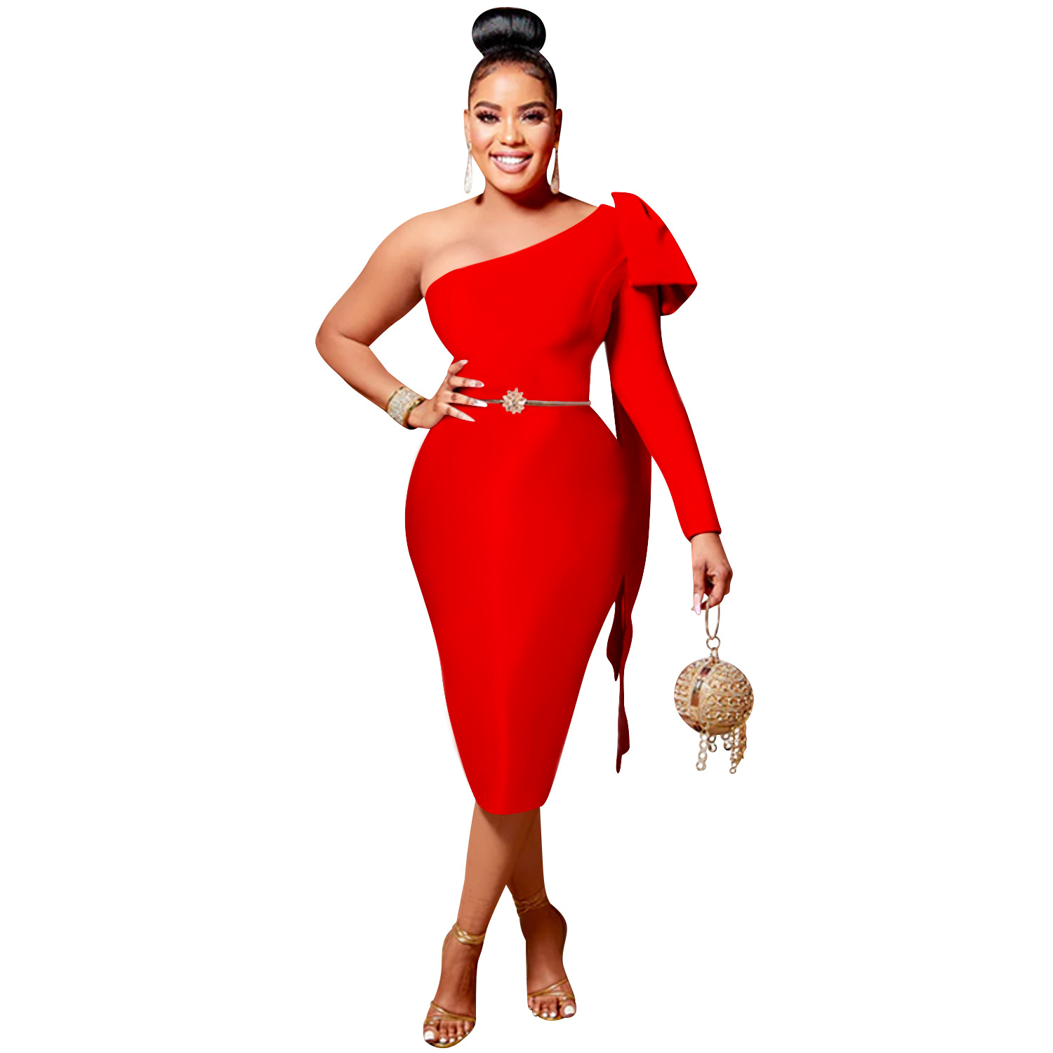 Fashion women dress Amazon women wear new diagonal collar single long sleeve bowknot ribbon dress