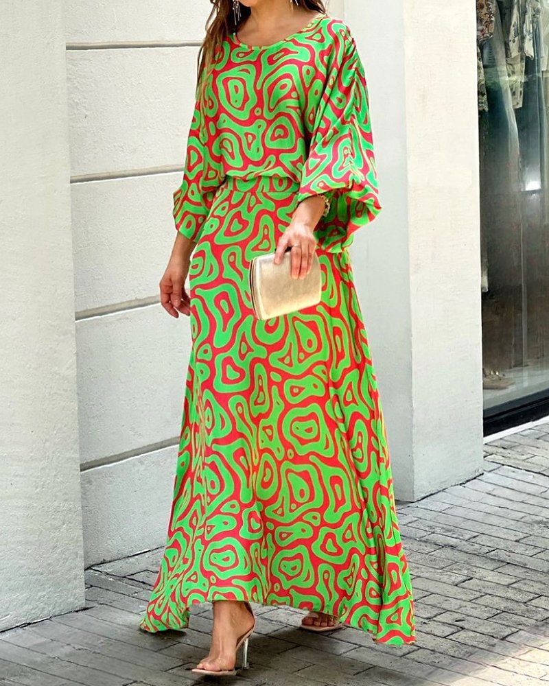 Casual Dress summer New loose plus size print long sleeved top high waist long dress