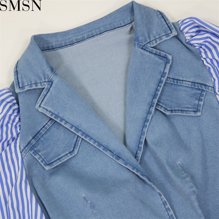 Fashion women dress striped digital printing patchwork stand up collar denim dress