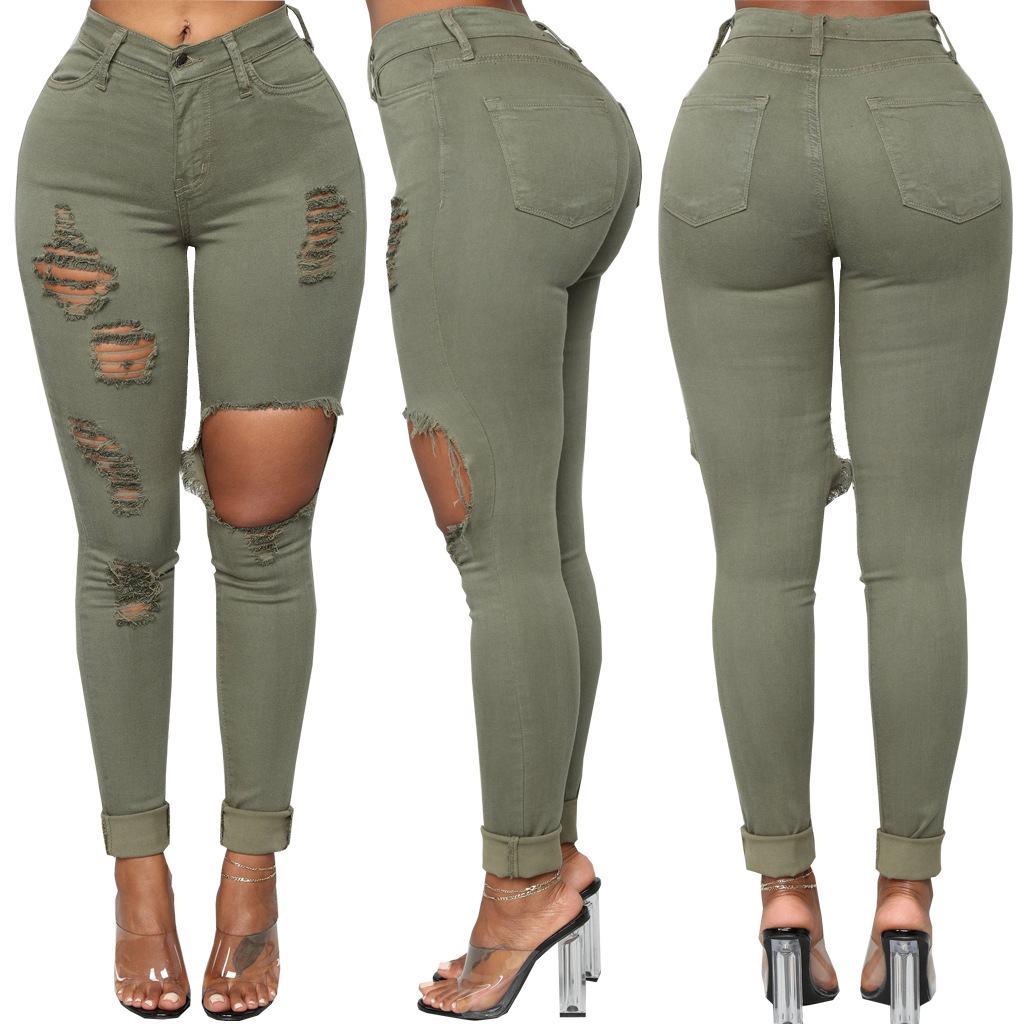 Fashion high waist denim hole tights