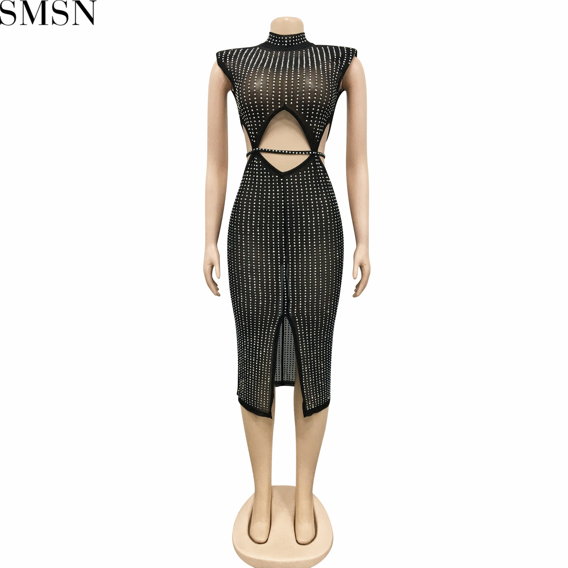 Fashion women dress sexy mesh see-through hot rhinestone hollow split dress women's clothing plus size casual dress
