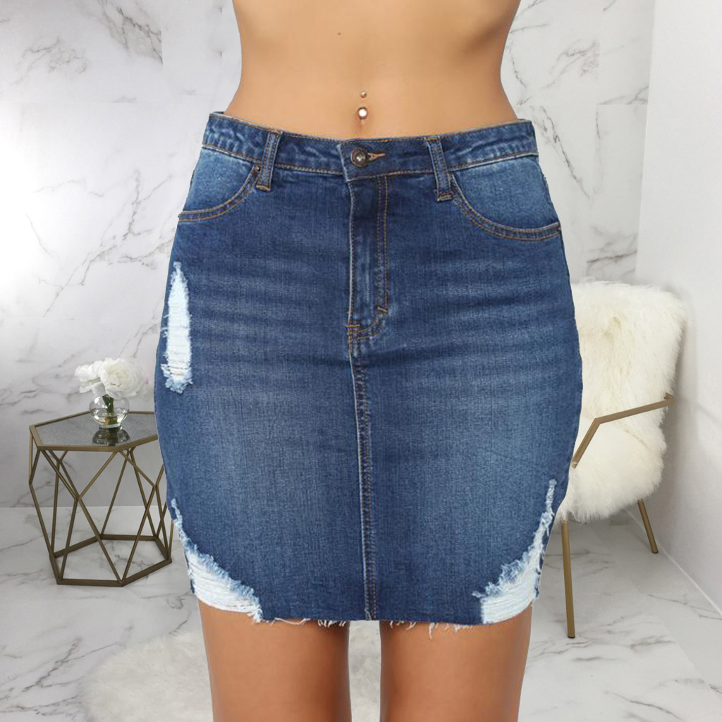 Fashion denim skirt with holes and buttocks