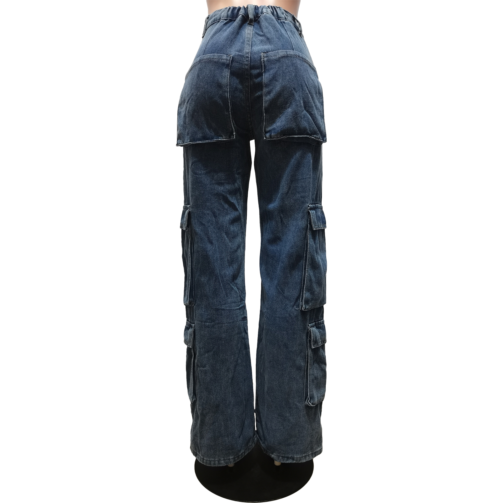 Fashionable water washing work bag zipper casual elastic waist denim pants