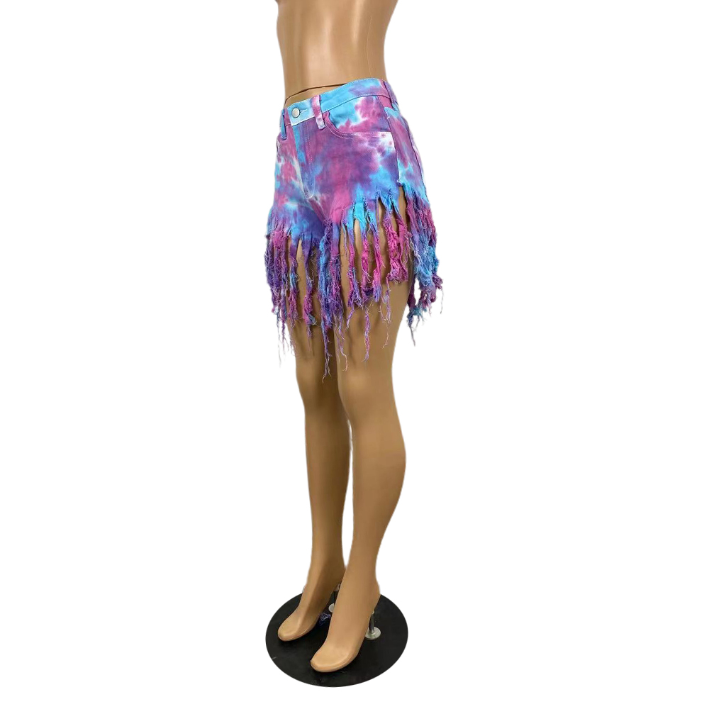 Tie dyed denim shorts with tassels