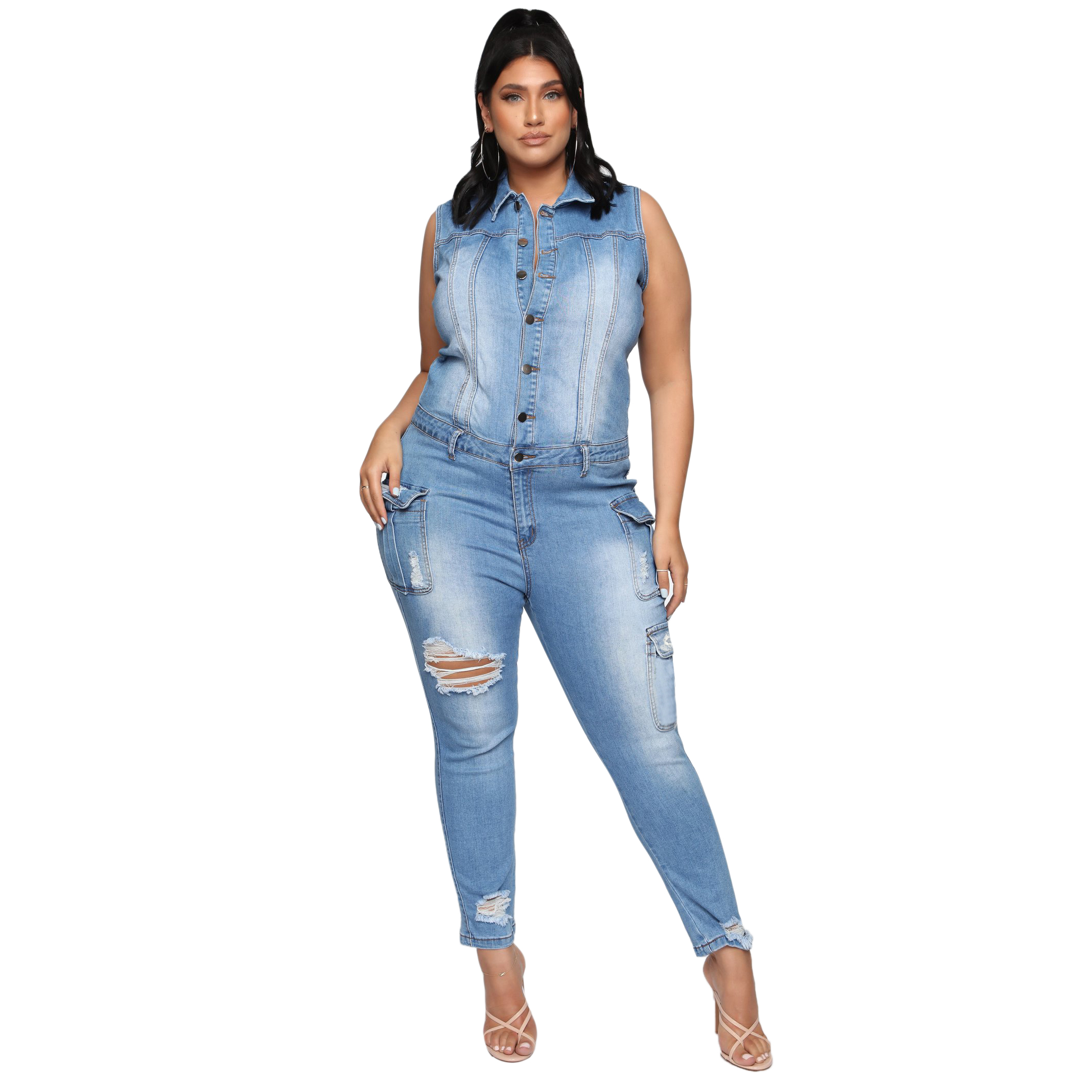 Casual slim hole denim Jumpsuit