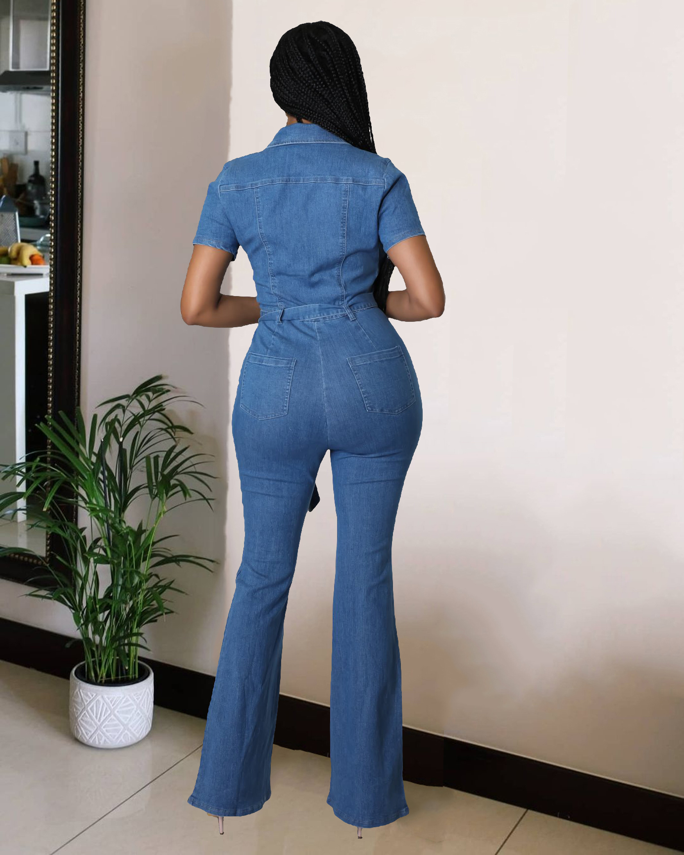 Sexy and fashionable short sleeved denim jumpsuit