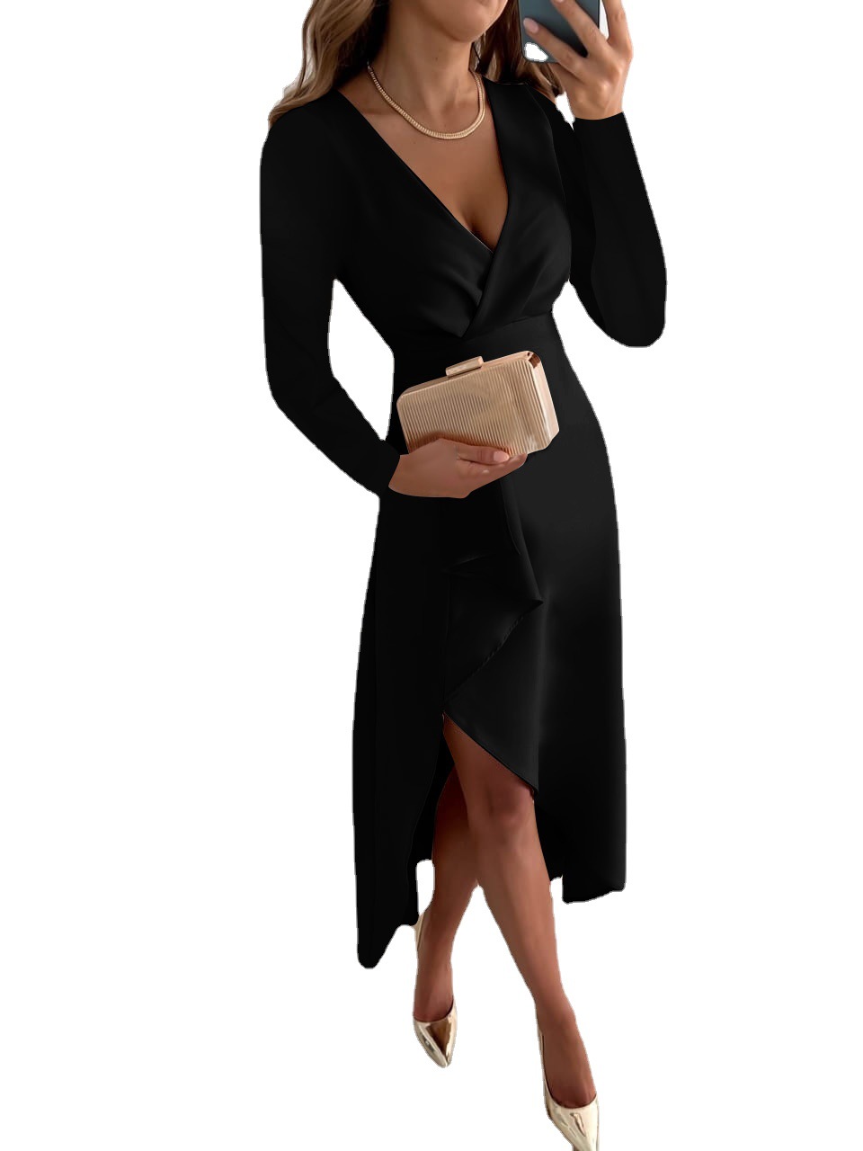 Long Sleeved V-Neck Pleated Hem Slit Dress