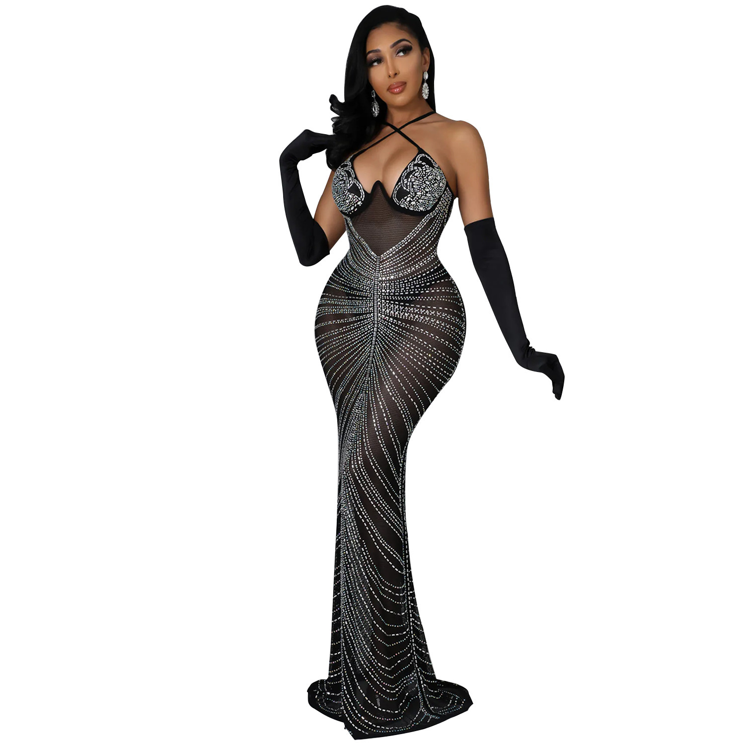Sexy Mesh Hot Diamond Nightclub Strap Dress